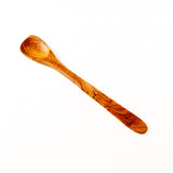 Long handled olive wood cooking spoon on white background