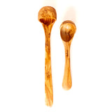 Two olive wood soup ladles, one extra long for stockpots, one shorter for everyday use on a white background