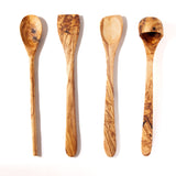 Four types of long handled wooden spoons on a white background