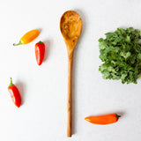 Classic wooden cooking spoon on a white background with bright colored peppers and cilantro