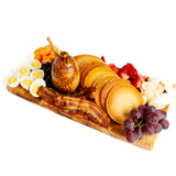 Breakfast board with pancakes, bacon and eggs