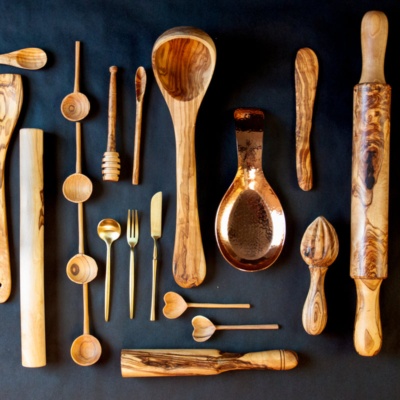 Copper spoon rest and olive wood kitchen utensils