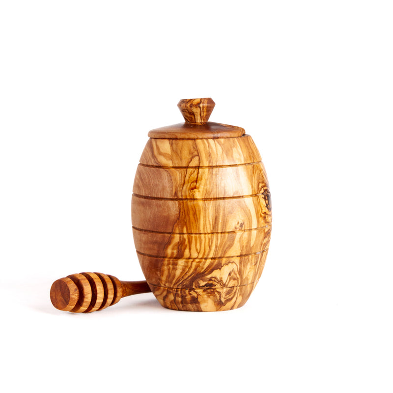 Olive Wood Honey pot with dipper on a white background