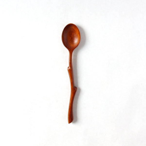 wooden spoon with a carved twig handle on  a white background
