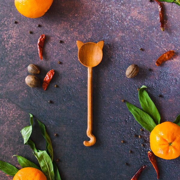 Spoon with cat ears on the bowl and cat tail on handle, all on a dark surface with clementines, leaves and chilis
