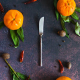 Silver cheese knife with a tapered handle on a rusty black surface with small oranges, greenery and red peppers