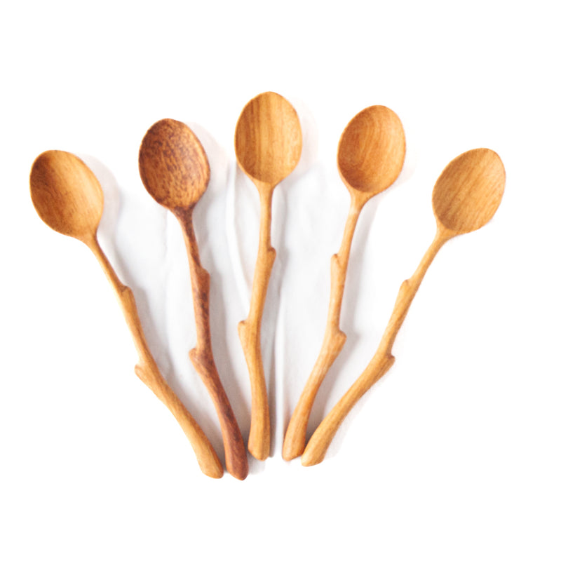 five wooden twiggy spoons fanned out on a white background