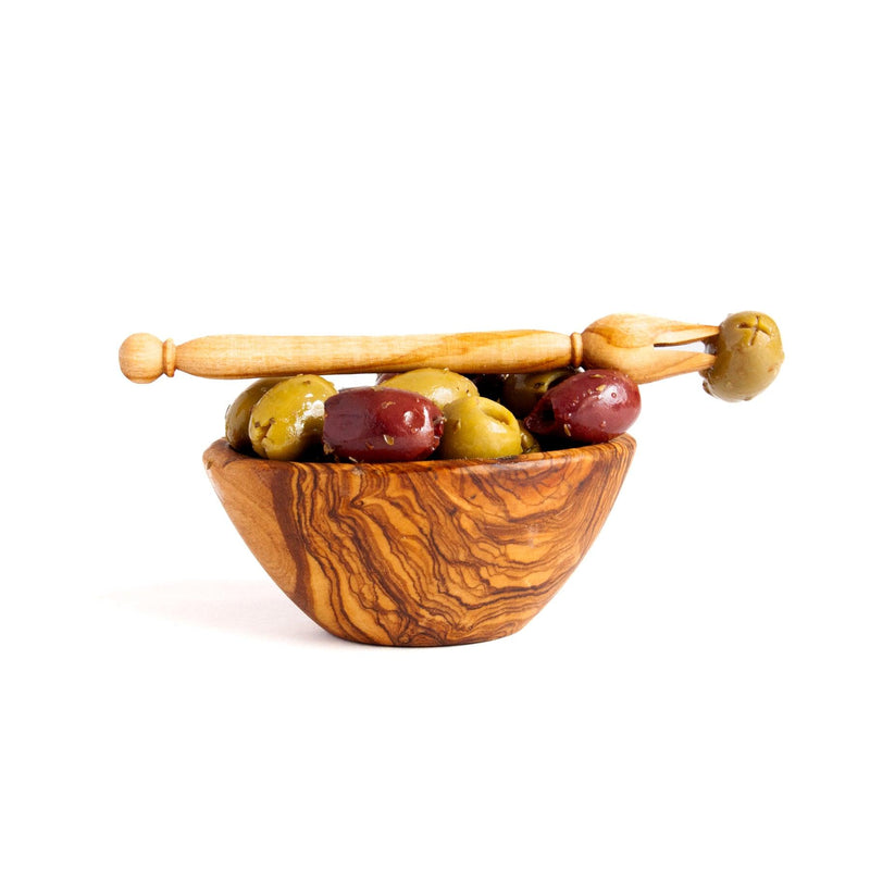 Olive Wood pickle fork with bowl of olive