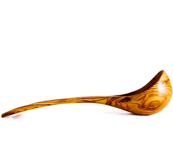 Olive Wood Soup Ladle profile view on a white background