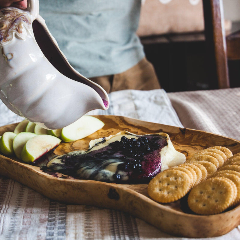 Olive Wood Serving Platter with Brie and Blueberries