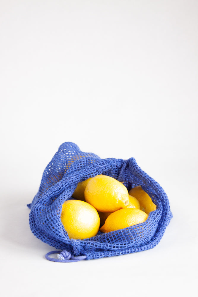Blue mesh produce bag with lemons